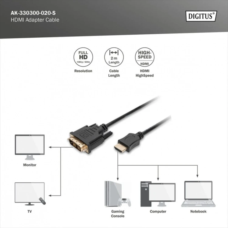 Digitus Kabel adapter HDMI Standard 1080p 60Hz FHD Typ HDMI A/DVI-D (18+1) M/M czarny 2m