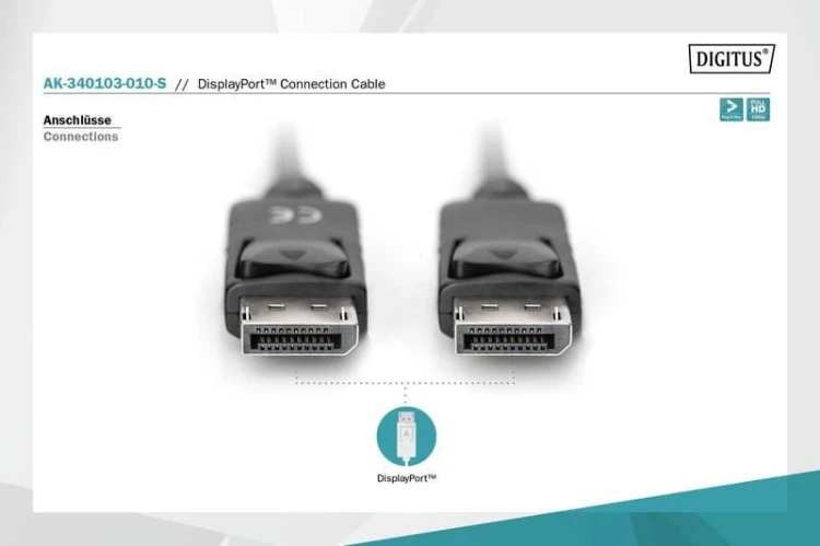 Digitus Kabel połączeniowy DisplayPort z zatrzaskami 1080p 60Hz FHD Typ DP/DP M/M czarny 1m