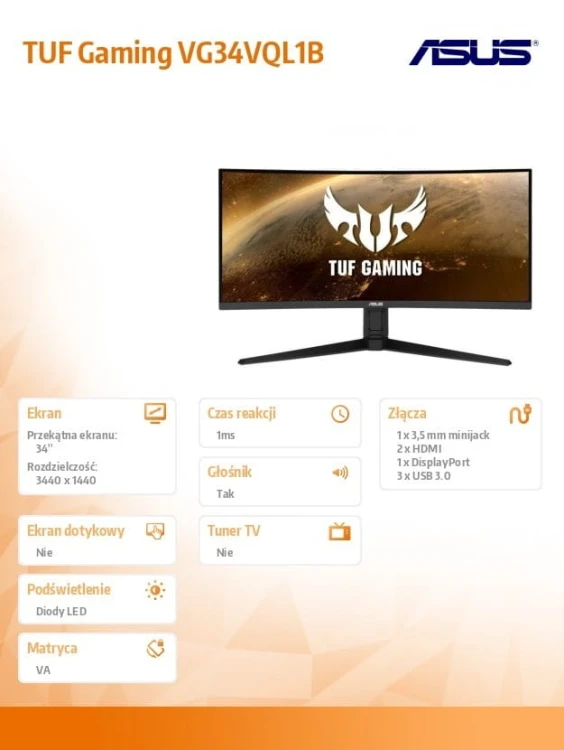 Asus Monitor 34 cale VG34VQL1B UWQHD 21:9 1500R 165Hz 1MS HDMIx2 DPx2 USB3.1x4 Głośnik PBP PIP