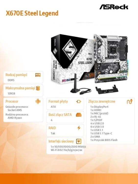 ASRock Płyta główna X670E STEEL LEGEND AM5 4DDR5 HDMI/DP M.2  EATX