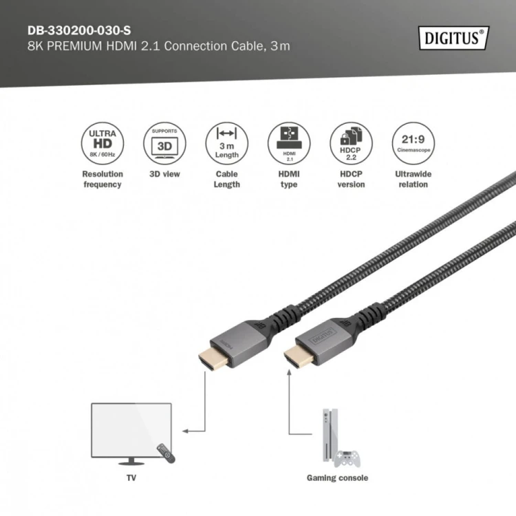 Digitus Kabel Premium połączeniowy HDMI 2.1 Ultra HighSpeed 8K60Hz UHD Typ HDMI A/A M/M 3m Czarny