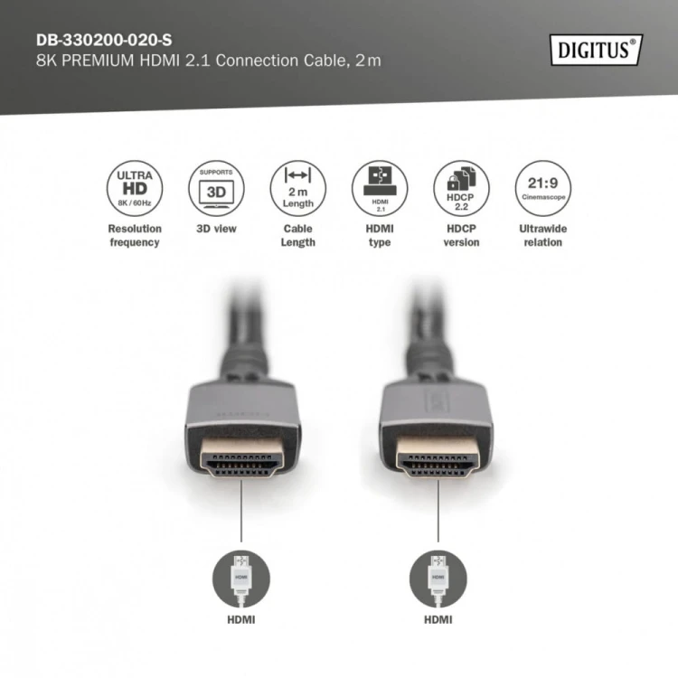 Digitus Kabel Premium połączeniowy HDMI 2.1 Ultra HighSpeed 8K60Hz UHD Typ HDMI A/A M/M 2m Czarny