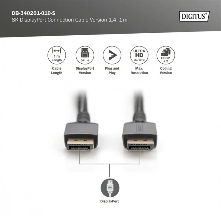 Digitus Kabel połączeniowy PREMIUM DisplayPort 8K60Hz UHD DP/DP M/M 1m Czarny