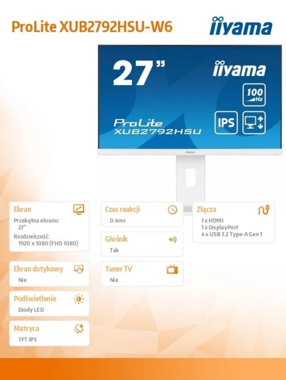 IIYAMA Monitor 27 cali ProLite XUB2792HSU-W6 IPS,HDMI,DP,100Hz,SLIM,4xUSB3.2,PIVOT,  HAS(150mm),2x2W
