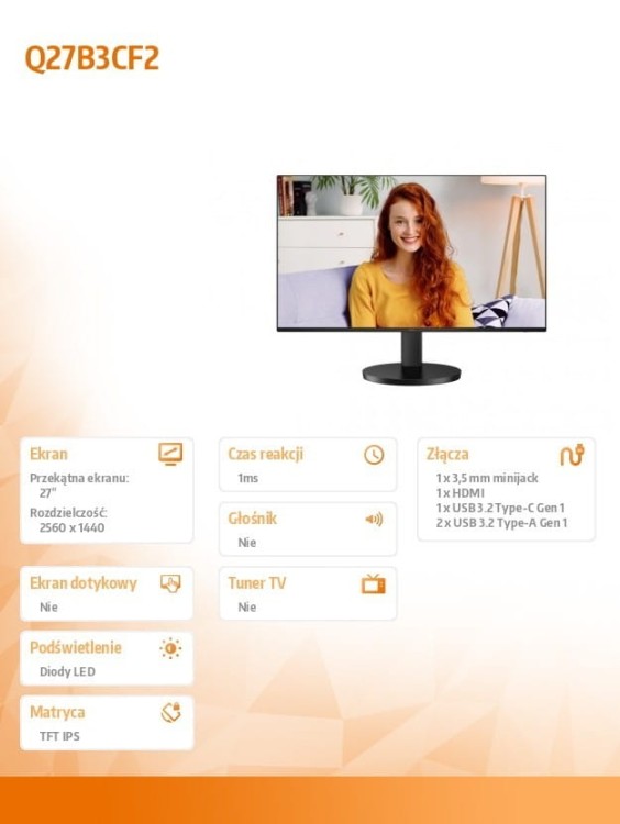 AOC Monitor Q27B3CF2 27 cali IPS 100Hz HDMI USB-C HAS