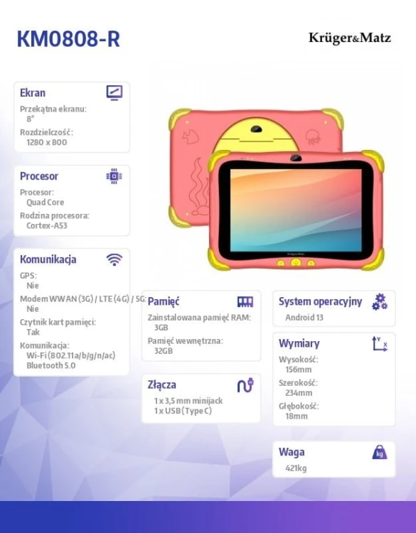 Kruger &amp; Matz Tablet dla dzieci FUN 808 Czerwony