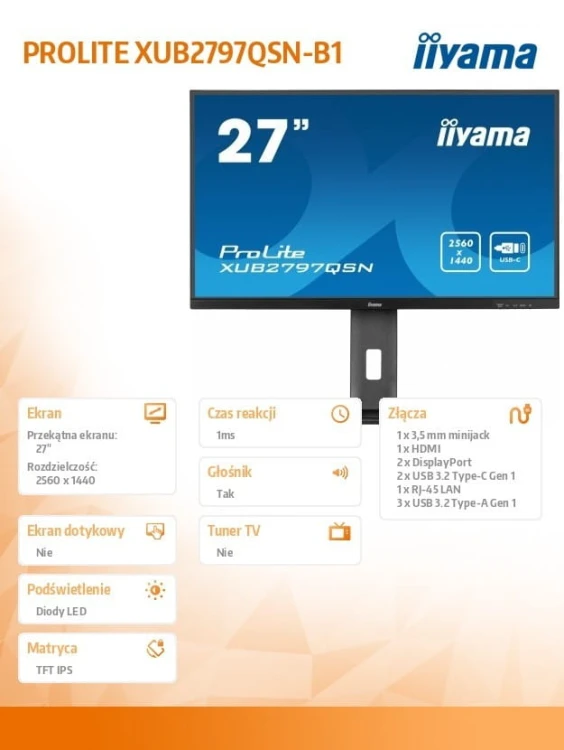 IIYAMA Monitor 27 cali XUB2797QSN-B1 IPS,QHD,USB-c Dock,HDMI