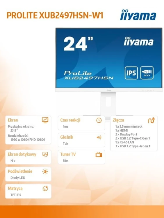 IIYAMA Monitor 24 cale XUB2497HSN-W1 IPS,USB-C Dock,HDMI,DP