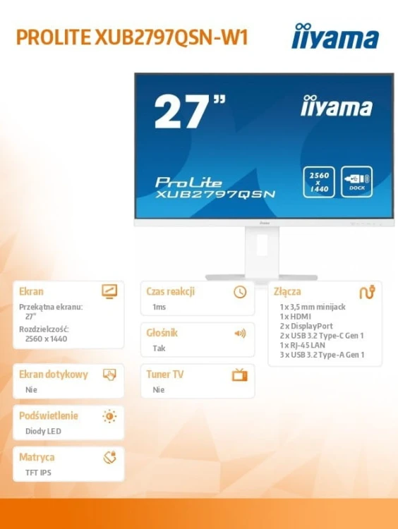 IIYAMA Monitor 27 cali XUB2797QSN-W1 IPS,QHD,USB-c Dock 65W,HDMI, WHITE