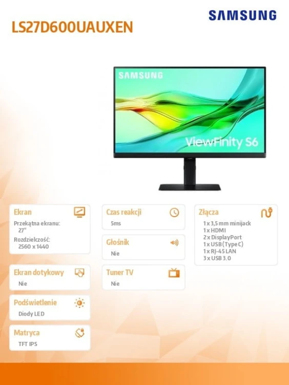 Samsung Monitor 27 cale ViewFinity S60UD IPS 2560x1440 WQHD 16:9 1xHDMI 2xDP(In+Out) 1xUSB-C 90W 3xUSB 3.0 LAN KVM 5ms PinP/PbyP 100Hz HAS+PIV płaski