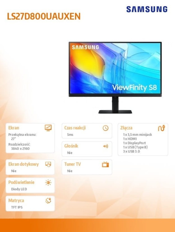 Samsung Monitor 27 cali ViewFinity S80UD IPS 3840x2160 UHD 16:9 1xHDMI 1xDP 1xUSB-C 90W 3xUSB 3.0 LAN KVM 5ms PinP/PbyP 60Hz HAS+PIV płaski 3YOn-Site