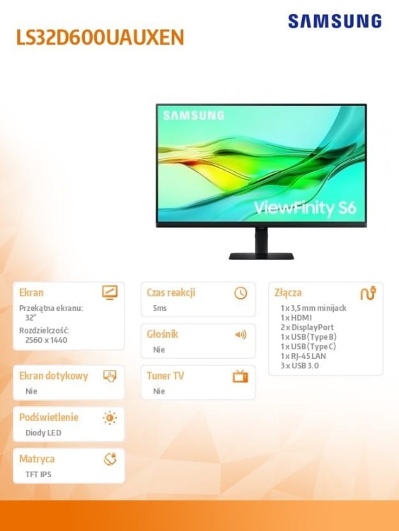 Samsung Monitor 32 cale ViewFinity S60UD IPS 2560x1440 WQHD 16:9 1xHDMI 2xDP(In+Out) 1xUSB-C 90W 3xUSB 3.0 LAN KVM 5ms PinP/PbyP 100Hz HAS+PIV płaski
