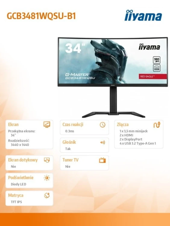 IIYAMA Monitor 34 cale GCB3481WQSU-B1 VA, UWQHD, 180HZ, 0.3ms, 500cd