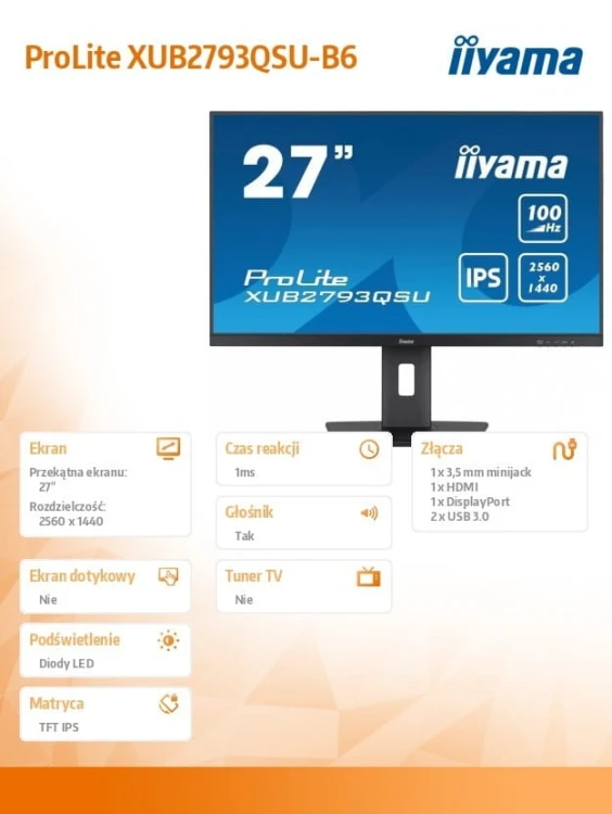 IIYAMA Monitor 27 cali ProLite XUB2793QSU-B6 IPS,QHD,HAS(150mm),100Hz,HDMI,DP,2x2W   2xUSB(3.2),FreeSync