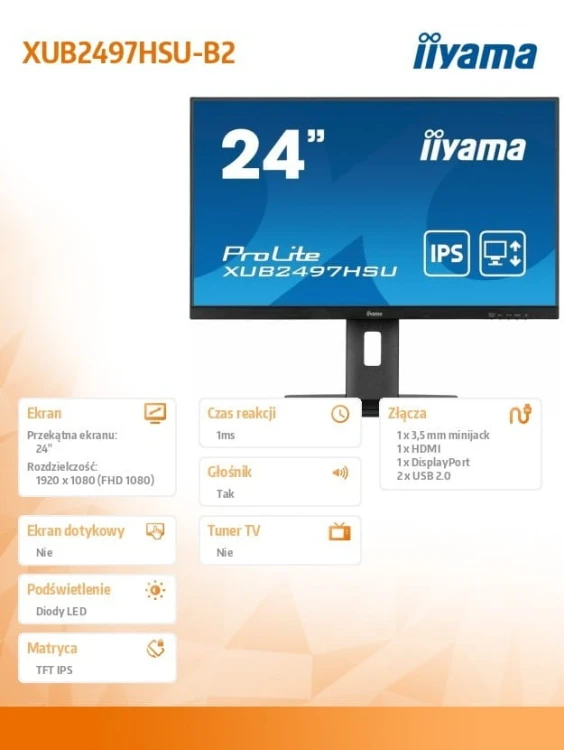 IIYAMA Monitor 24 cale XUB2497HSU-B2 IPS, HDMI, DP, 2x2W, 2xUSB, Pivot, HAS(150mm)