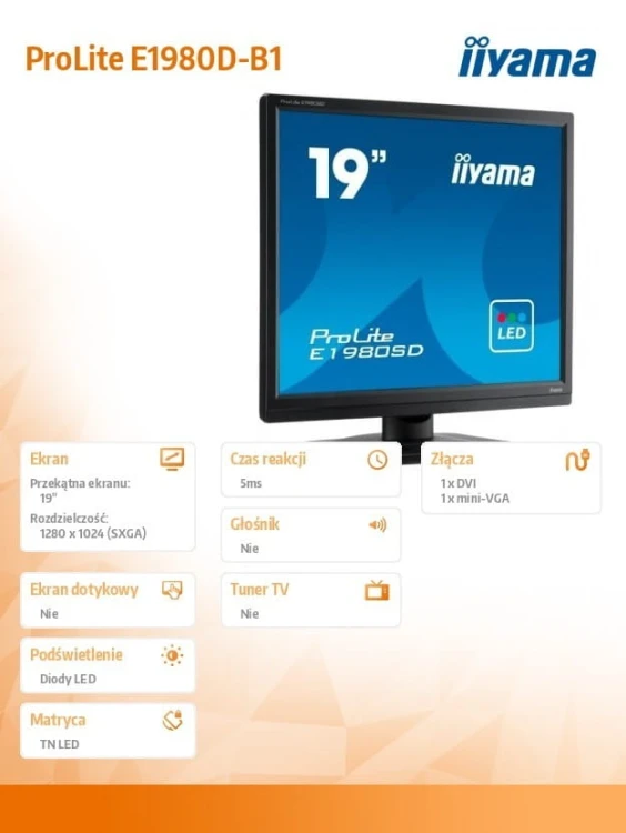 IIYAMA Monitor 19 cali ProLite E1980D-B1 VGA,DVI,5:4,TN,5ms,250cd