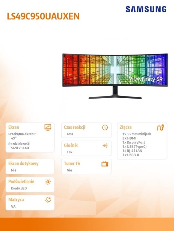 Samsung Monitor 49 cali ViewFinity S95UC VA 5120x1440 DQHD 32:9 2xHDMI 1xDP 1xUSB-C (90W) 3xUSB 3.0 LAN 5ms PinP/PbyP 120Hz HAS+PIV gł. zakrzyw. 3YOn-