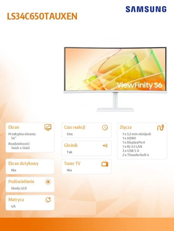 Samsung Monitor 34 cale ViewFinity S65CT VA 3440x1440 UWQHD 21:9 1xHDMI 1xDP 2xTB 4.0(90W/15W) 3xUSB 3.0 LAN 5ms 100Hz HAS+PIV gł. zakrzyw. biały 2Yd2