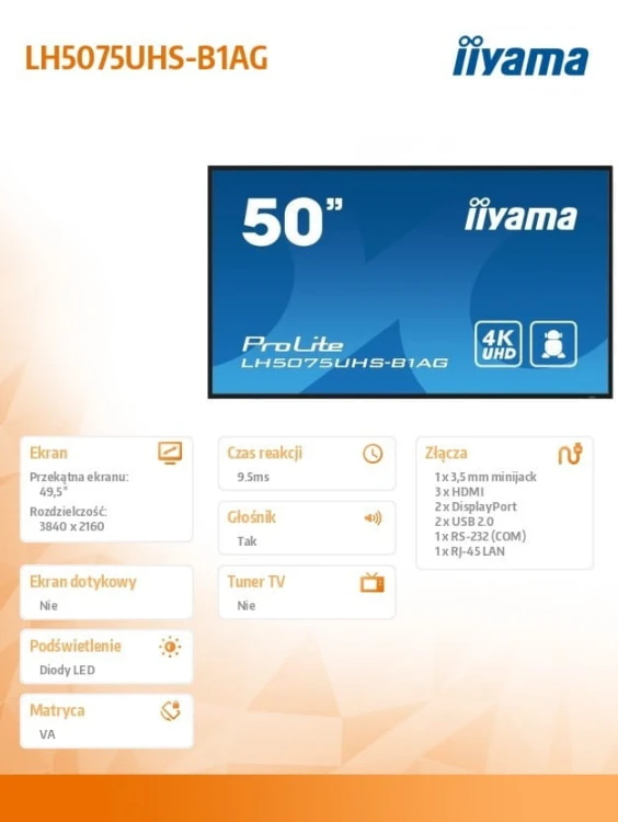 IIYAMA Monitor 50 cali LH5075UHS-B1AG,24/7,VA,ANDROID.11,4K,3xHDMI,DP,RJ45,  2xUSB,2x10W