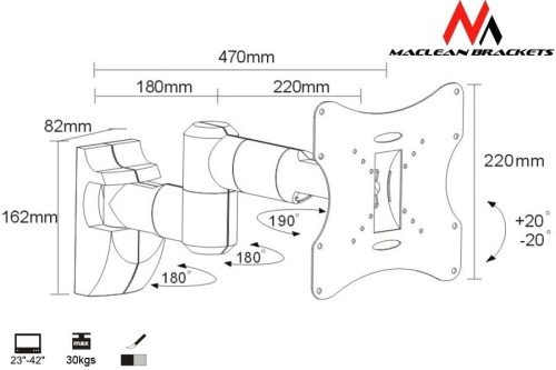 Maclean Uchwyt do monitora 23-42''  30 kg uniwersalny MC-503A S max vesa 200 srebrny