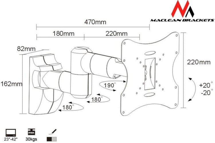 Maclean Uchwyt do monitora 23-42''  30 kg uniwersalny MC-503A S max vesa 200 srebrny