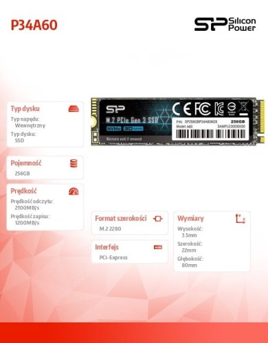 Silicon Power Dysk SSD A60 256GB M.2 PCIe 2100/1200 MB/s NVMe