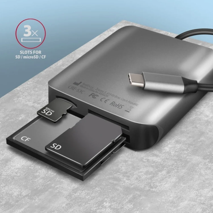 AXAGON CRE-S3C Czytnik zewnętrzny kart USB-C 3.2 GEN 1, 3-slot &amp; lun SD/microSD/CF, obsługa UHS-II