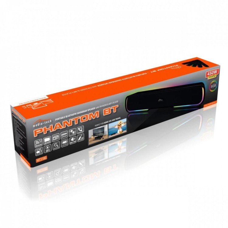 Media-Tech Głośnik Bluetooth typu Soundbar PHANTOM BT MT3180 Bluetooth 5.1+EDR/MP3/MicroSD/USB/AUX/Wbudowany Mikrofon/Micro-USB/RGB/RMS 10W/ PMPO 450W