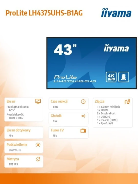 IIYAMA Monitor 42.5 cala ProLite LH4375UHS-B1AG, 24/7,IPS,ANDROID.11,4K,500cd/m2,WiFi,3xHDMI,DP,Daisy/Chain,2xUSB,2x10W,RJ45,iiSignage2,FailOver,SDM,4