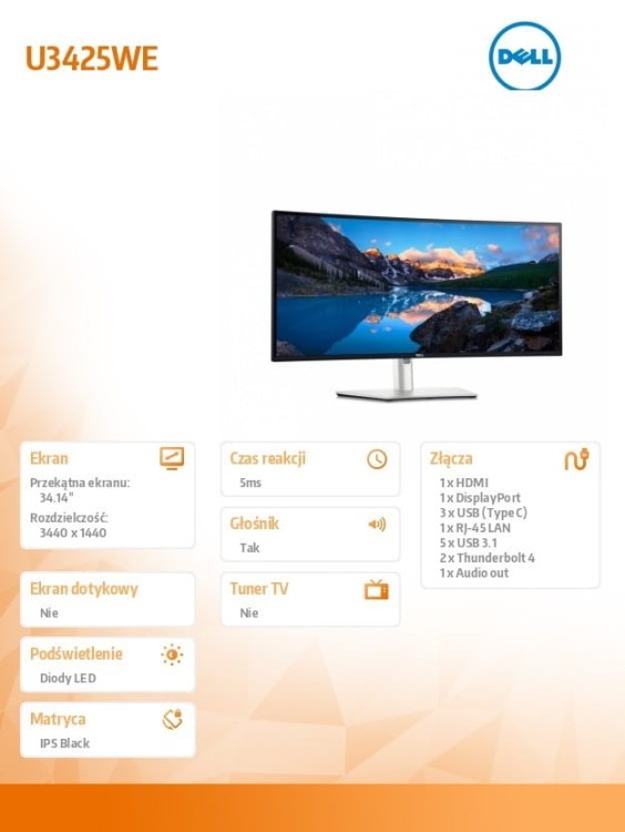 Dell Monitor U3425WE 34.14 cala IPS Black/Curved/120Hz/WQHD/3440x1440/21:9/HDMI/DP/Thunderbolt/USB-C/USB/RJ-45/Speakers/3Y AES&amp;PPG