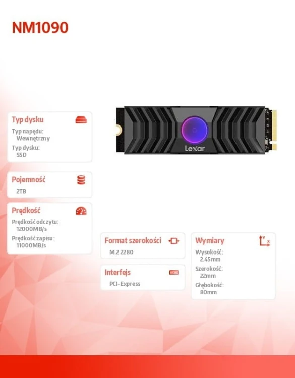 Lexar Dysk SSD NM1090  2TB Gen5 12000/11000 Radiator RGB