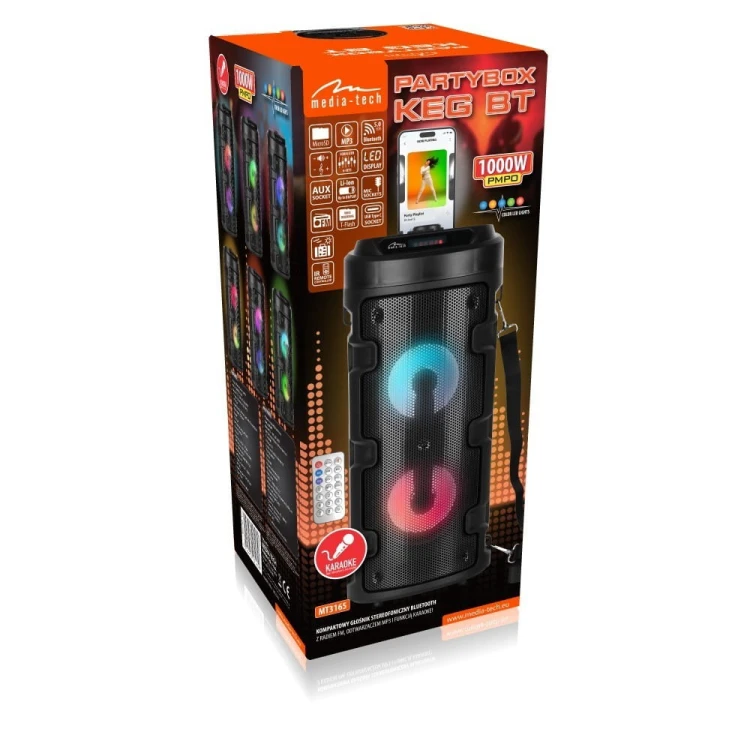 Media-Tech Głośnik PARTYBOX KEG BT MT3165 V2.0 Karaoke/Bluetooth 5.0+EDR/FM/MP3/MicroSD/USB/Equalizer/AUX/Jack 6.3/Pilot/Pasek/USB-C/LED/RMS 40W/PMPO