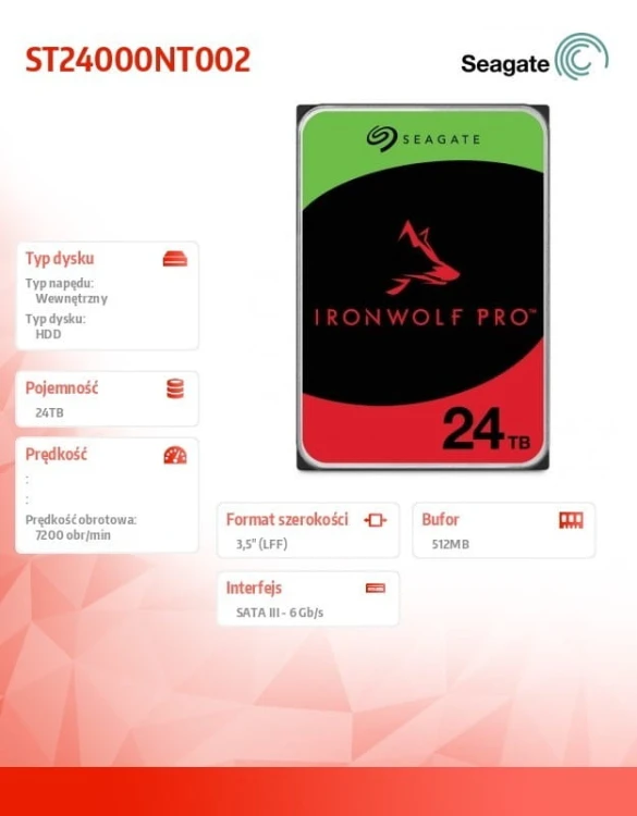 Seagate Dysk IronWolf Pro 24TB 3,5'' SATA ST24000NT002
