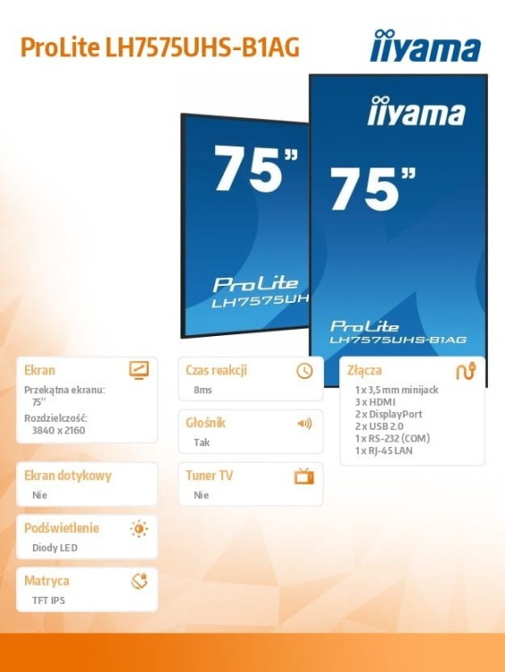 IIYAMA Monitor 75 cali LH7575UHS-B1AG, 24/7,IPS,ANDROID.11,4K,500cd/m2,WiFi,3xHDMI,DP,Daisy/Chain,2xUSB,2x10W,RJ45,iiSignage2,FailOver,SDM,4GB/32GB,me