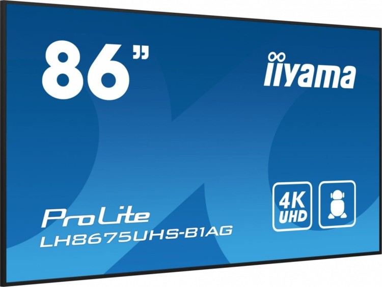 IIYAMA Monitor 85.6 calowy LH8675UHS-B1A, 24/7,IPS,ANDROID.11,4K,500cd/m2,WiFi,3xHDMI,DP,Daisy/Chain,2xUSB,2x10W,RJ45,iiSignage2,FailOver,SDM,4GB/32GB
