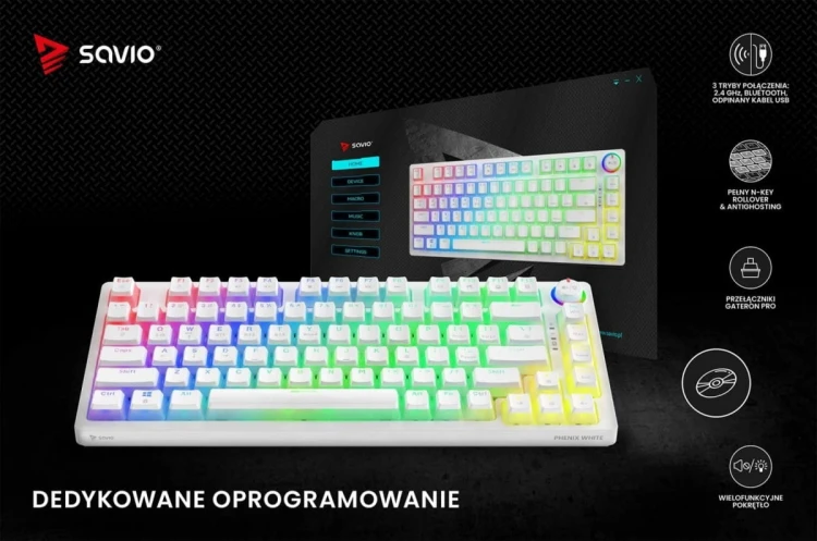 Savio Klawiatura mechaniczna bezprzewodowa SAVIO PHENIX WHITE Gateron Yellow, Pudding