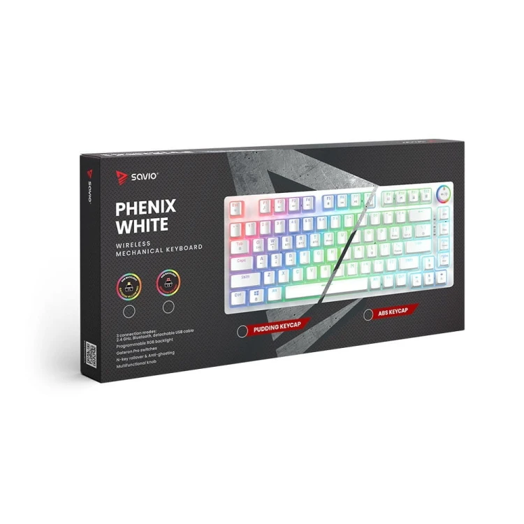Savio Klawiatura mechaniczna bezprzewodowa SAVIO PHENIX WHITE Gateron Yellow, Pudding