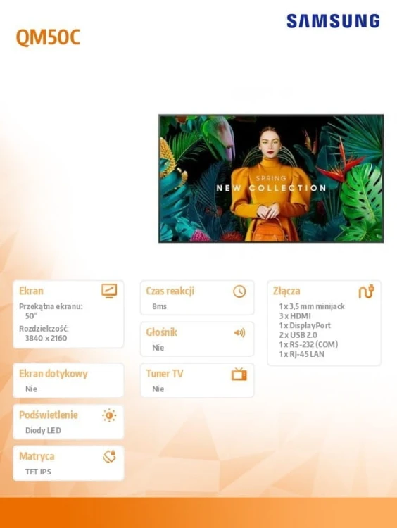Samsung Monitor profesjonalny QM50C 50 cali Matowy 24h/7 500(cd/m2) 3840 x 2160 (UHD) S10 Player (Tizen 7, VXT Ready) WiFi/BT 3 lata On-Site (LH50QMCE