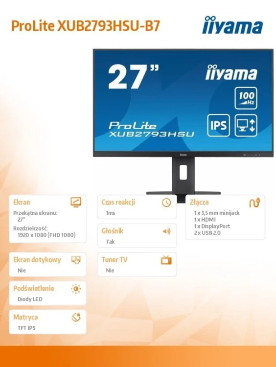 IIYAMA Monitor 27 cali XUB2793HSU-B7,IPS.HDMI.DP.2x2W.USBx2,300cd