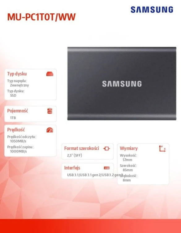 Samsung Dysk Portable T7 1TB USB3.2 GEN.2 szary
