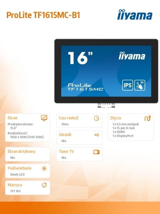 IIYAMA Monitor 15.6 cala TF1615MC-B1 IPS,pojemnościowa 10 punktów,450cd/m2,IP65,7H,HDMI,DP,VGA