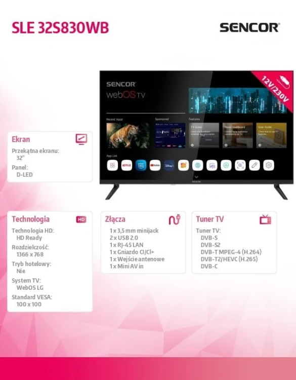 Sencor Telewizor 32 cale Smart webOS LG 12/240V SLE 32S830WB Wi-Fi BT5.0