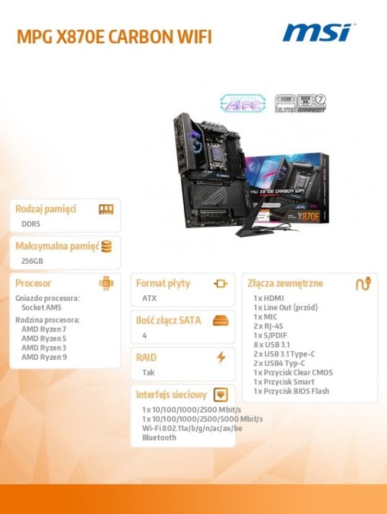 MSI Płyta główna MPG X870E CARBON WIFI AM5 4DDR5 ATX