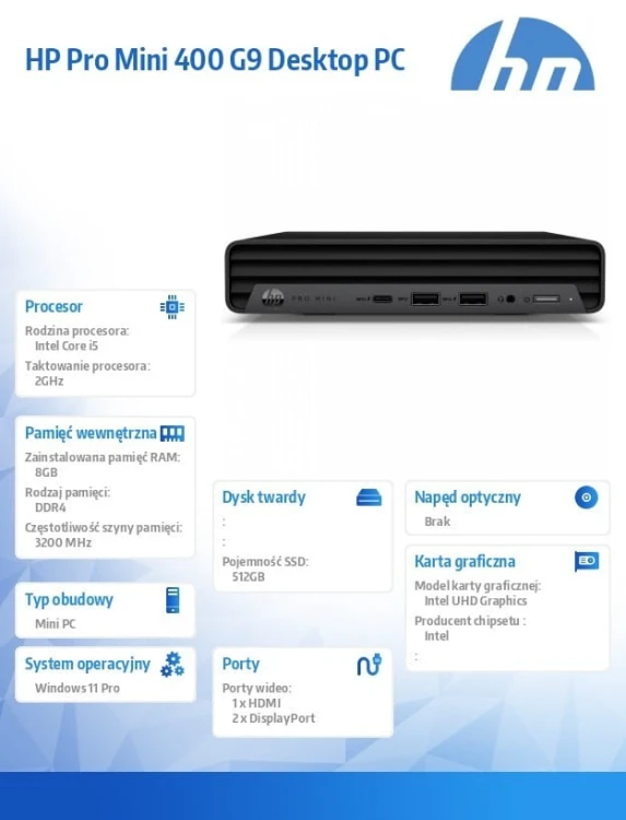 HP Inc. Komputer Pro 400 Mini G9 i5-12500T 512GB/8GB/W11P 885H7EA