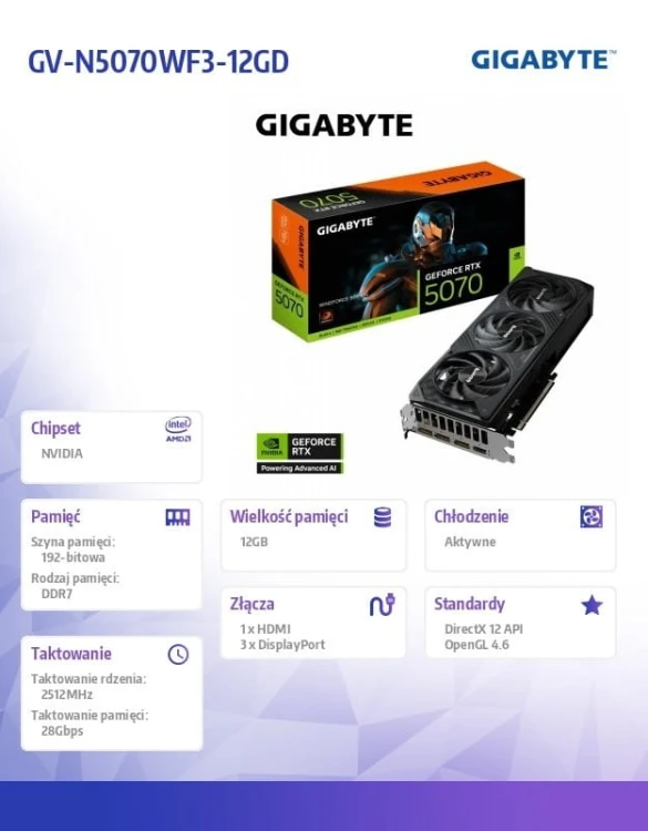 Gigabyte Karta graficzna RTX 5070 WINDFORCE SFF 12G 192BIT GDDR7 3DP/HDM
