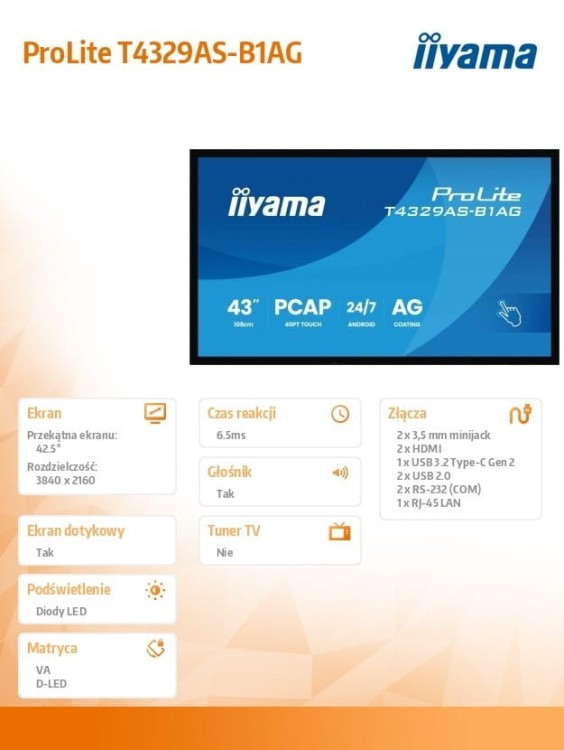 IIYAMA Monitor 43 cale T4329AS-B1AG VA,4K,HDMIx2,USB-C,RJ45,2x10W,WiFi,     Android 14, Signal FailOver, Whiteboard, iiSignage (CMS), iiControl (DMS),