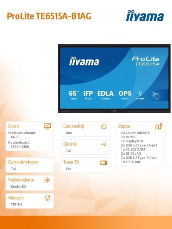 IIYAMA Monitor 65 cali TE6515A-B1AG IPS,4K,40pkt,550cd,DeepContrast-IR+,    HDMI x2,DP,USB-C, 2 x 20W, OPS Slot x1, 5xUSB, 2xRJ45,8-Array,EDLA, WiFi,P