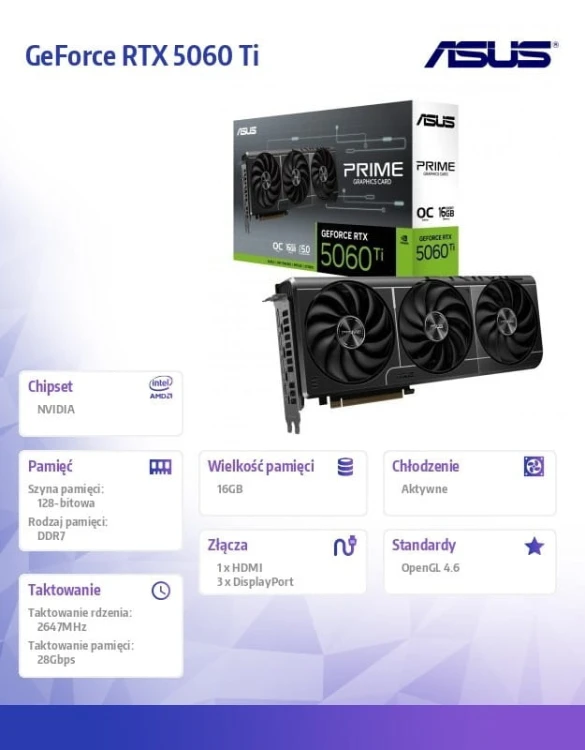 Asus Karta graficzna GeForce RTX 5060 Ti Prime OC 16GB GDDR7 128BIT 3DP/HDMI