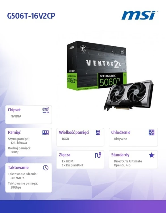 MSI Karta graficzna GeForce RTX 5060 Ti 16G VENTUS 2X OC PLUS
