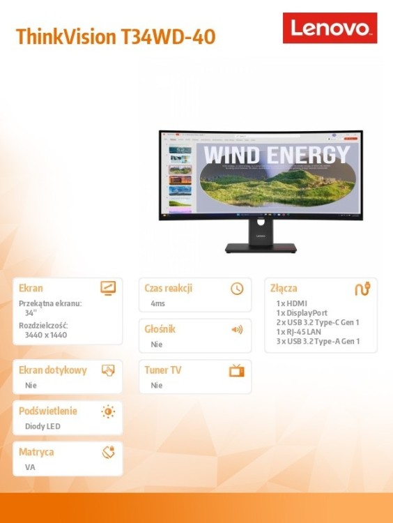 Lenovo Monitor 34 cale ThinkVision T34WD-40 64AEGAT1EU